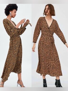 Zara Wrap Front Leopard Print Midi Dress